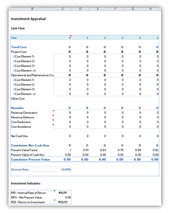 Investment Appraisal Calculator XLSX spreadsheet. Used to Calculate Net Presnet Value (NPV), Internal Rate of Return (IRR) and Return on Investment (ROI)